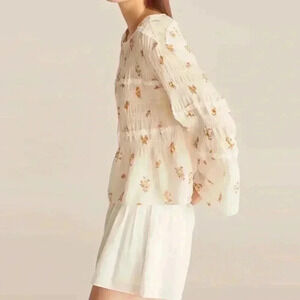 Rebecca Taylor Ines Smocked Floral Blouse Top S